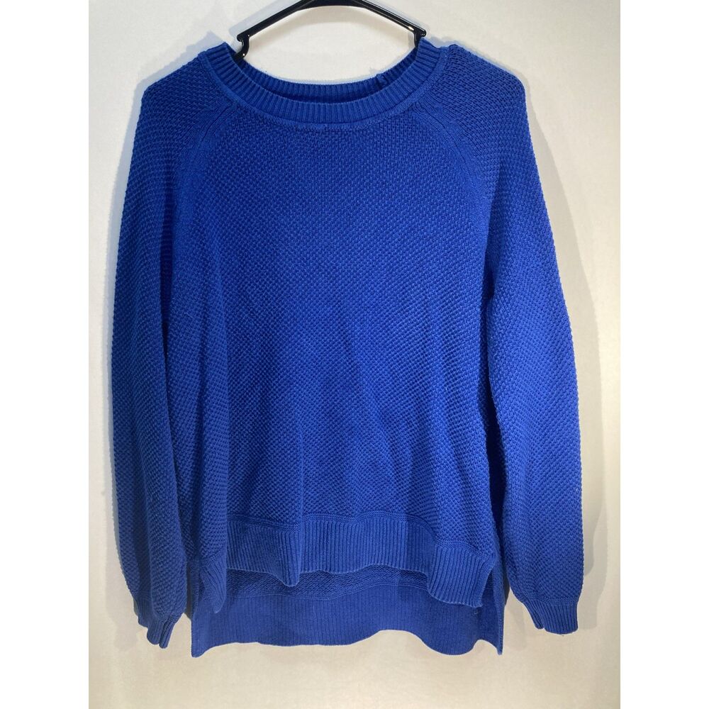 Cobalt Blue Oversized Open Texture Knit Crewneck Sweater High-Low Slit Hem